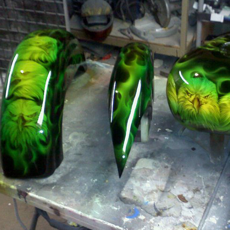 motorcycle gas tank and fenders with eagles and fire - kandy paint
