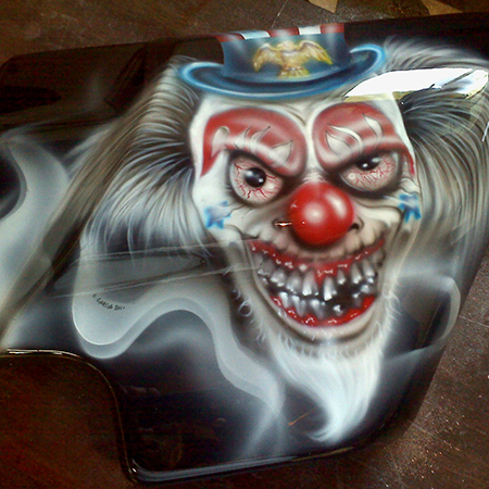Custom painted harley bagger with airbrushed evil clowns