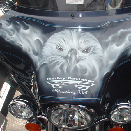 custom painted harley fairing - american eagle airbrushed with fire and custom lettering