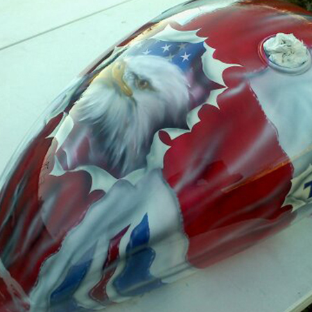 Custom motorcycle paint job with airbrushed American Eagle and Union Jack