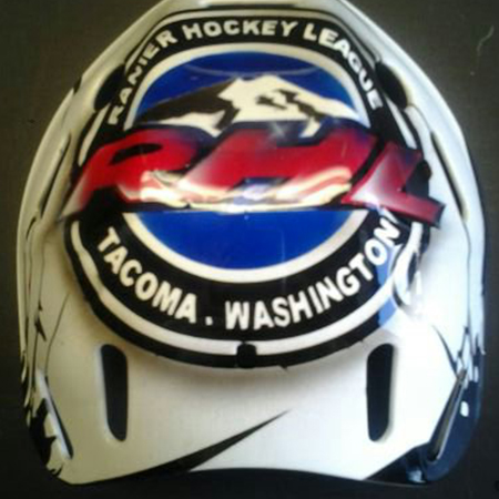 custom airbrushed logo on back platte of goalie mask