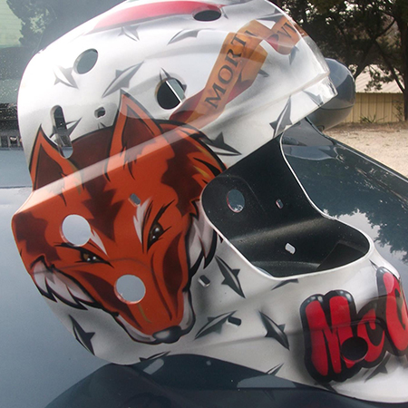 Fox theme painted on goalie mask