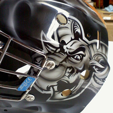 Ramks mascot custom painted on goalie mask