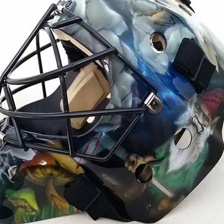 airbrushed  evil gnomes on goalie mask